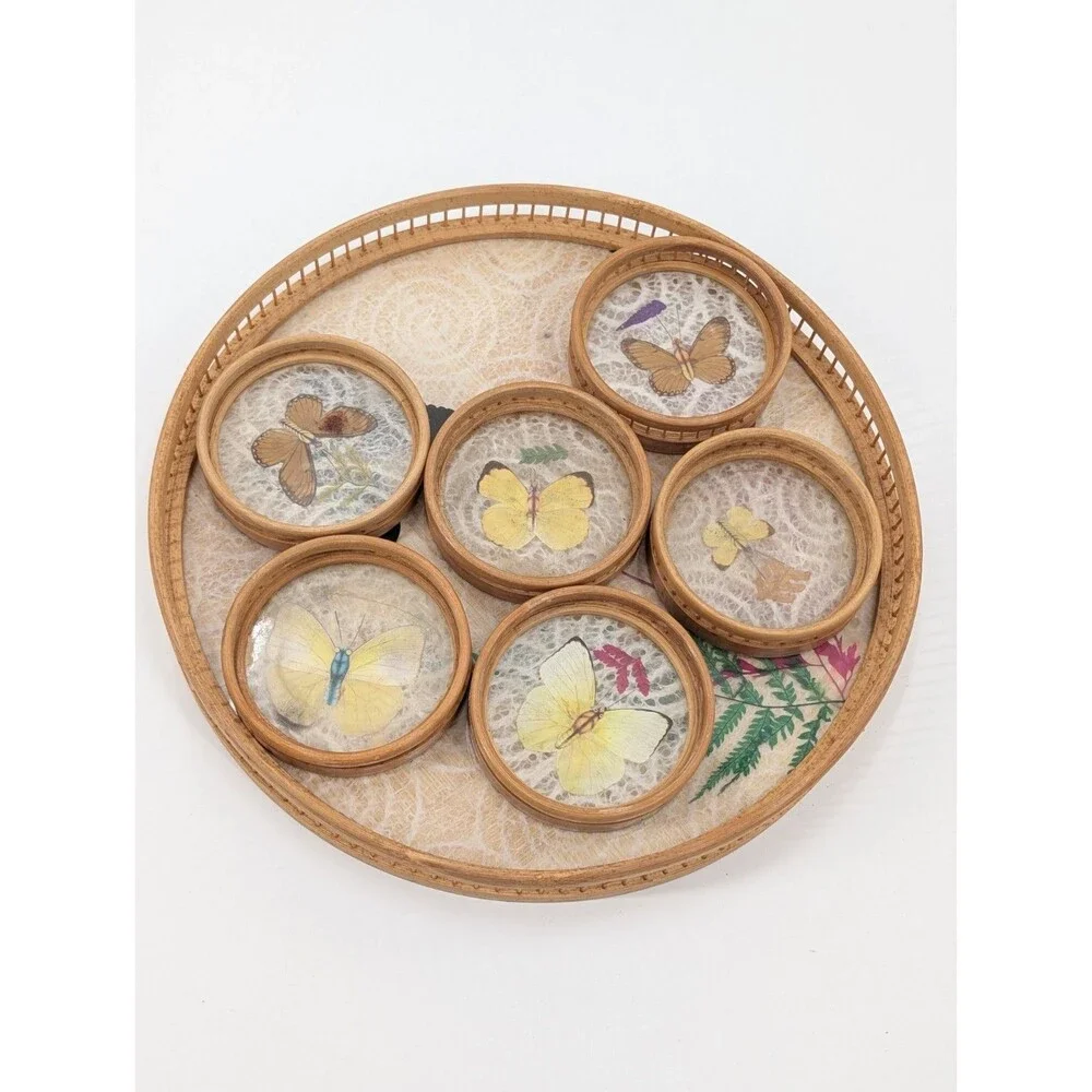 Himark Bamboo Tray Coaster Set Acrylic Pressed Butterfly Flowers 7 Pc Vintage